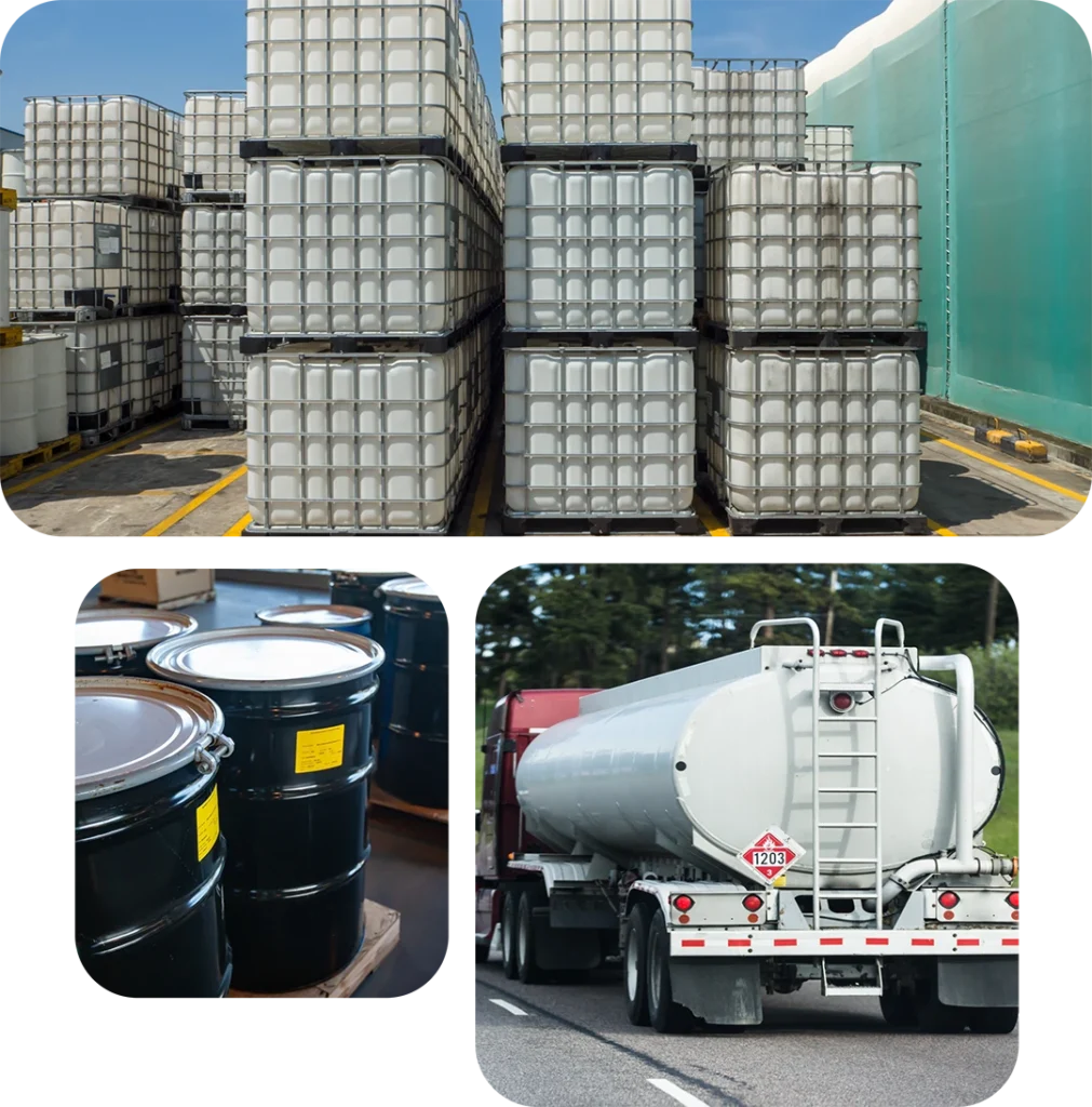 Chemicals stored in totes and barrels, and a tanker truck transporting hazardous materials.