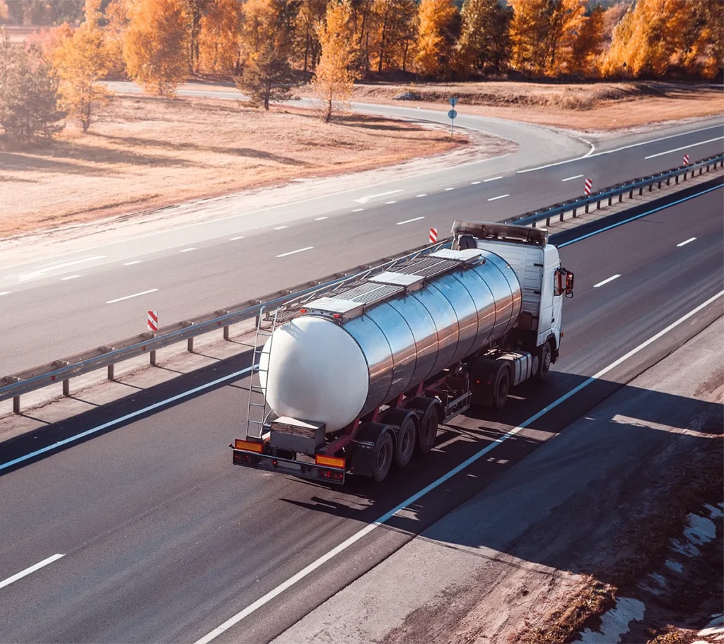 Tanker truck transporting liquid bulk freight.