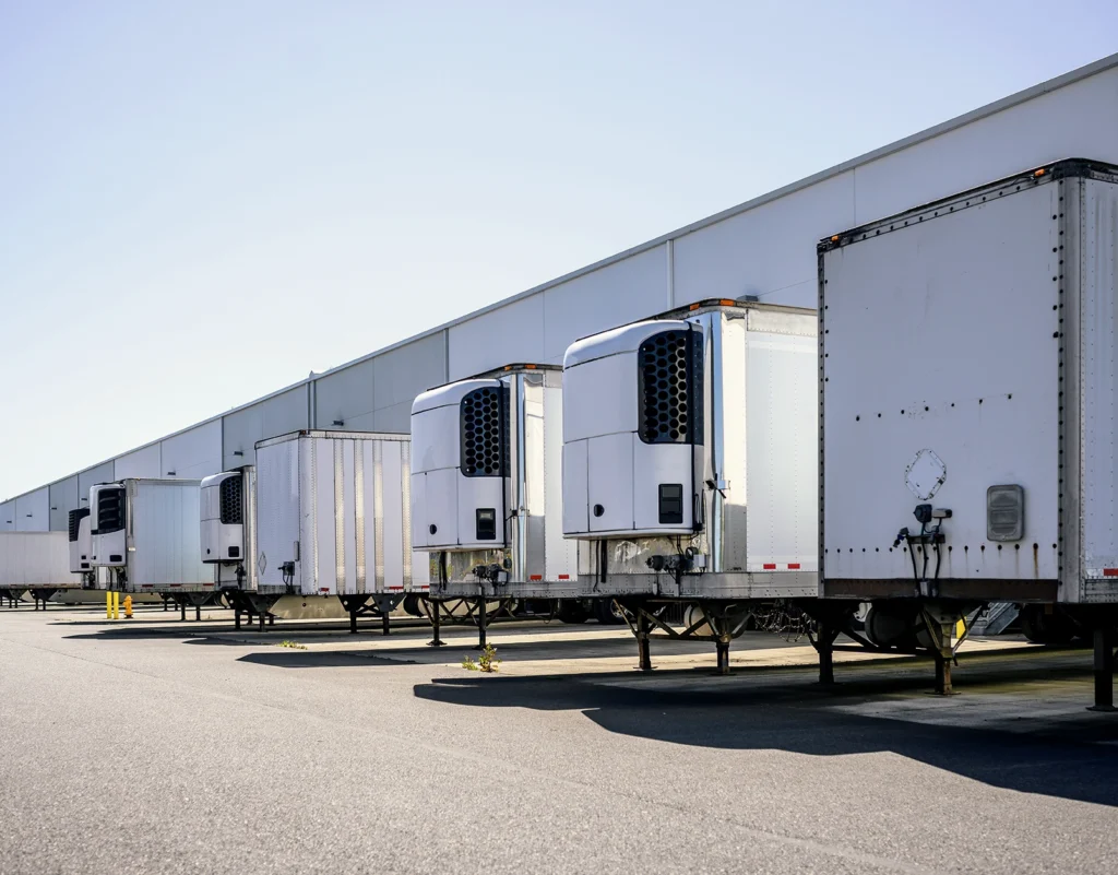 A line of parked, reefer dry van trailers await to be loaded with temperature-sensitive cargo.